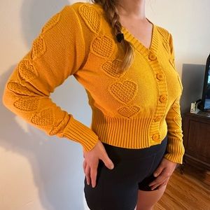Cottage core yellow cropped cardigan. Heart print. Retro vintage